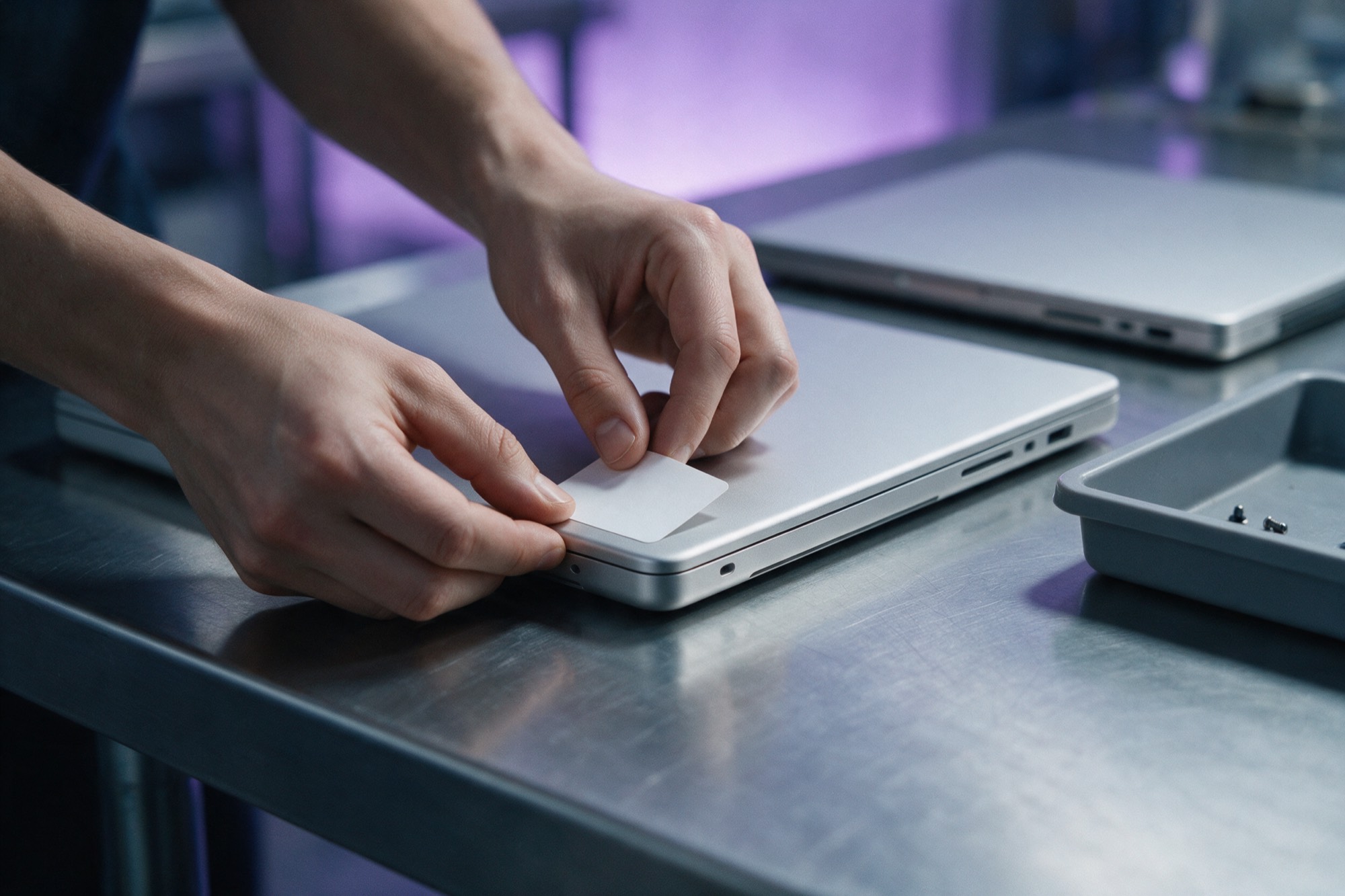 Manos de un técnico pegando la etiqueta de inventario en la tapa de una laptop, sobre el banco de preparación.
