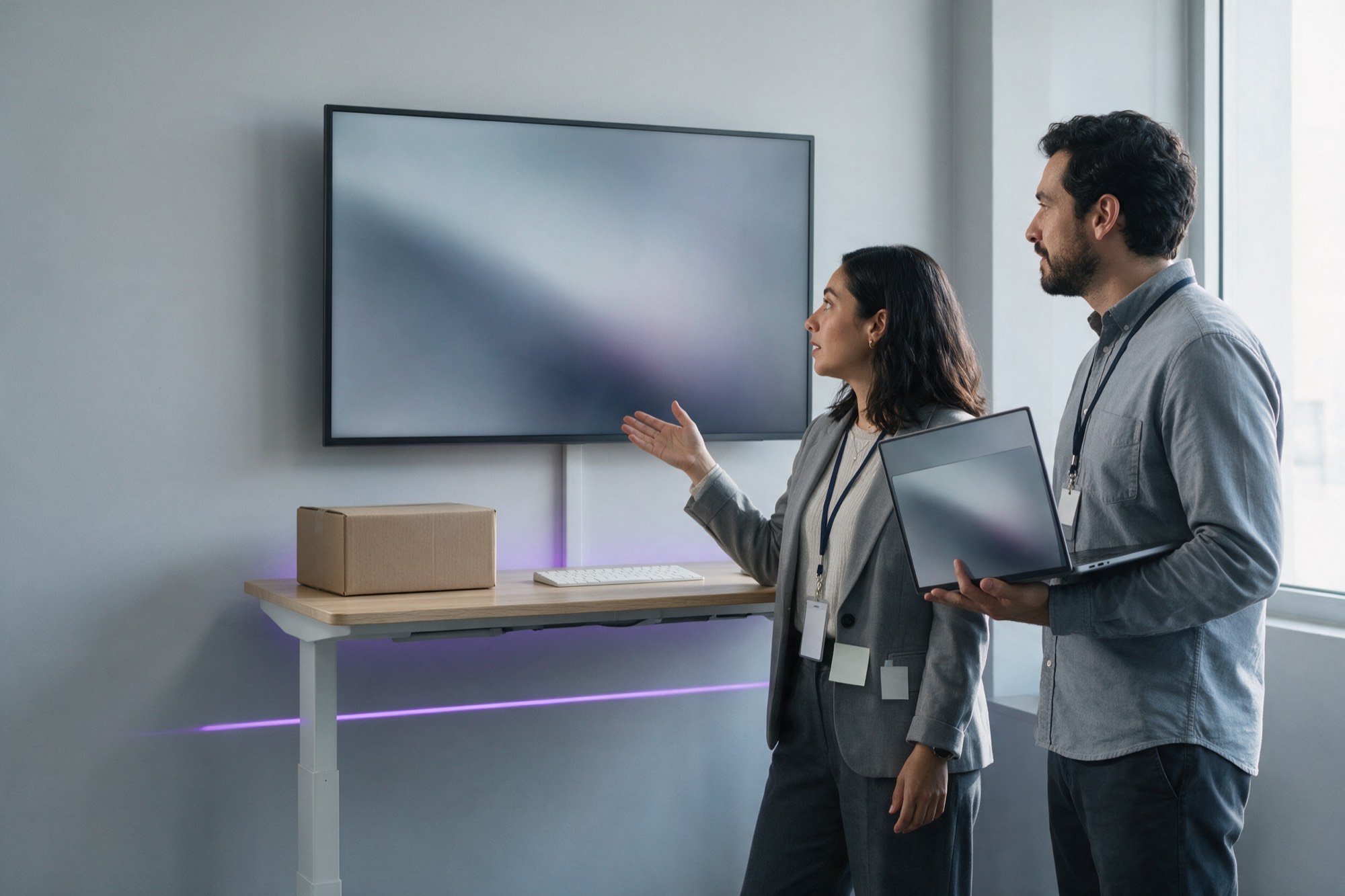 Dos ingenieras e ingenieros de SHOPPFUN revisando una interfaz en un monitor de pared.